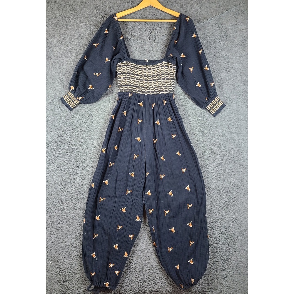 Free People Dahlia Embroidered Smocked Cotton Gauze Jumpsuit Navy Blue Boho XS